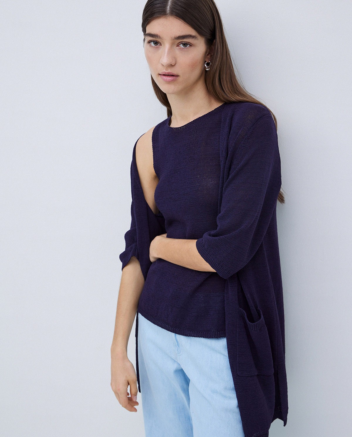 Cardigan long maille bleu foncé