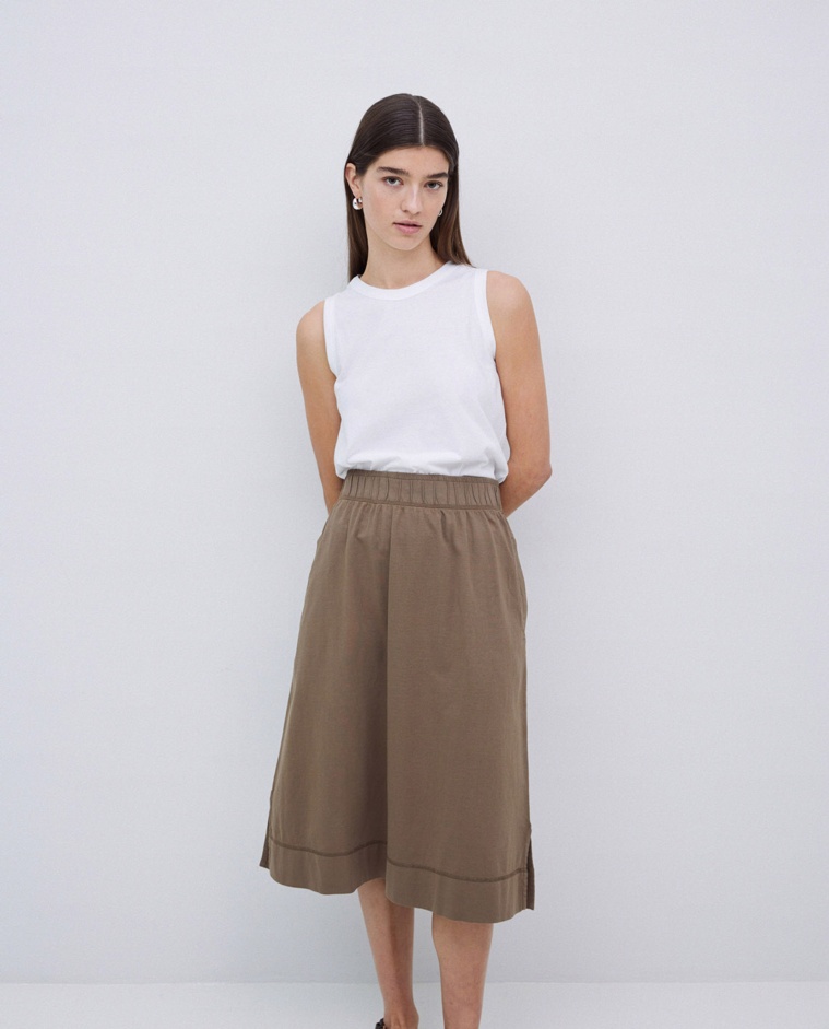 Falda midi de punto algodón caqui - Falda midi punto liso