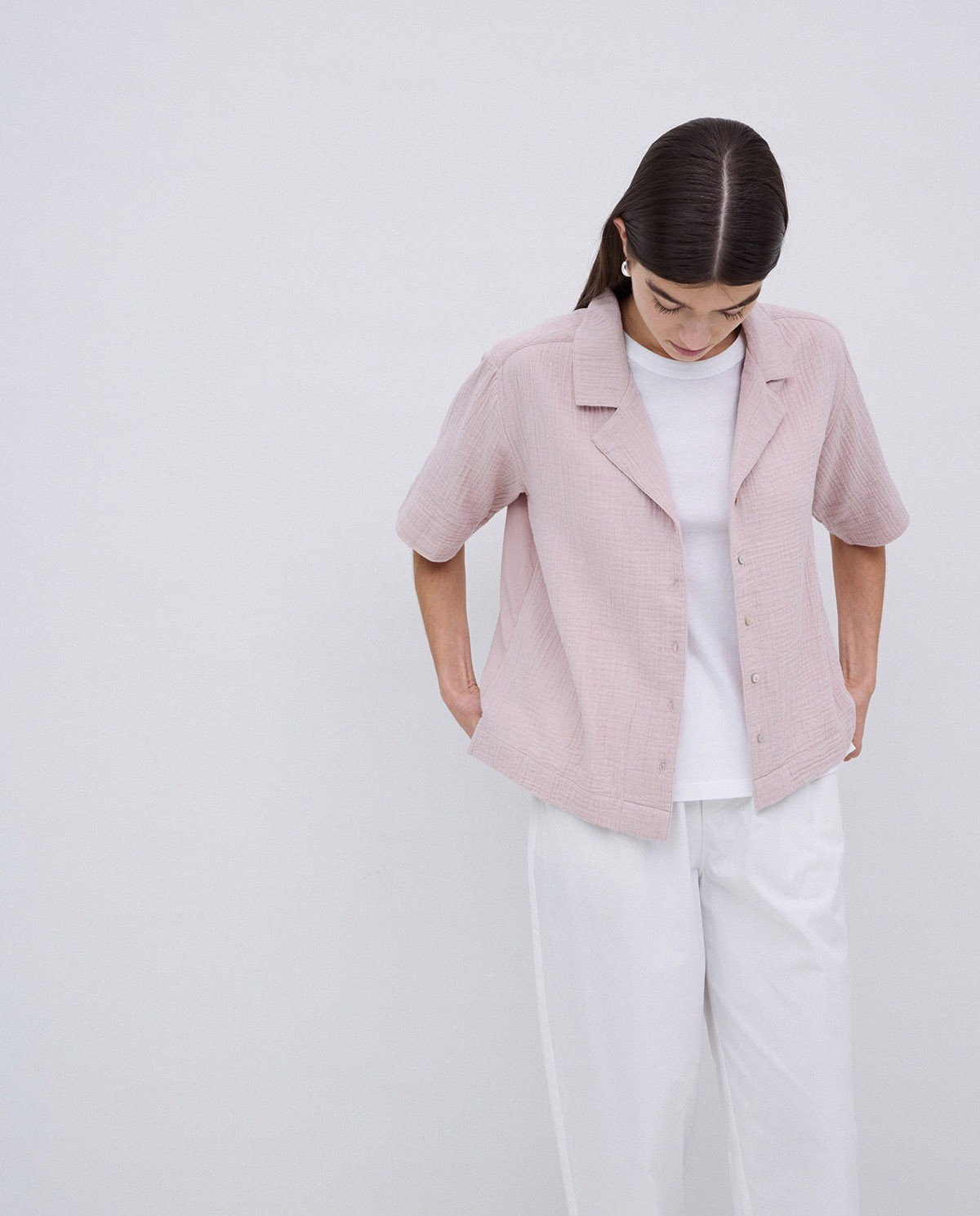 Camisa bimateria cuello solapa rosa pálido 3
