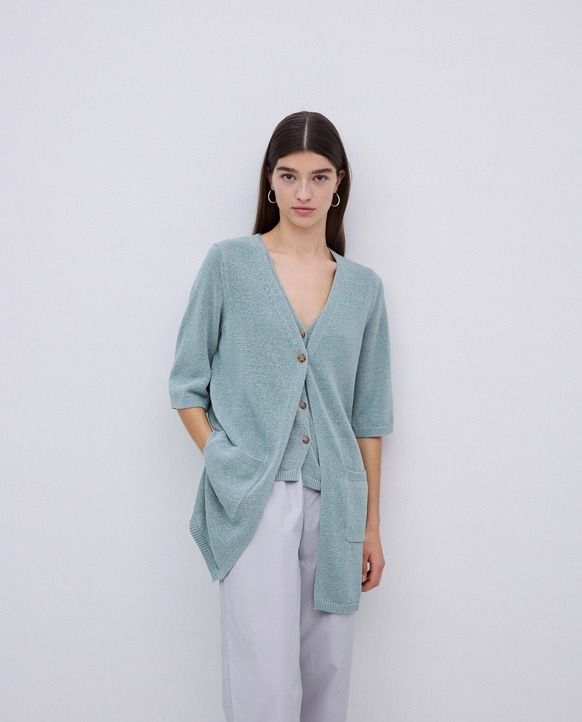 Cardigan long maille vert clair