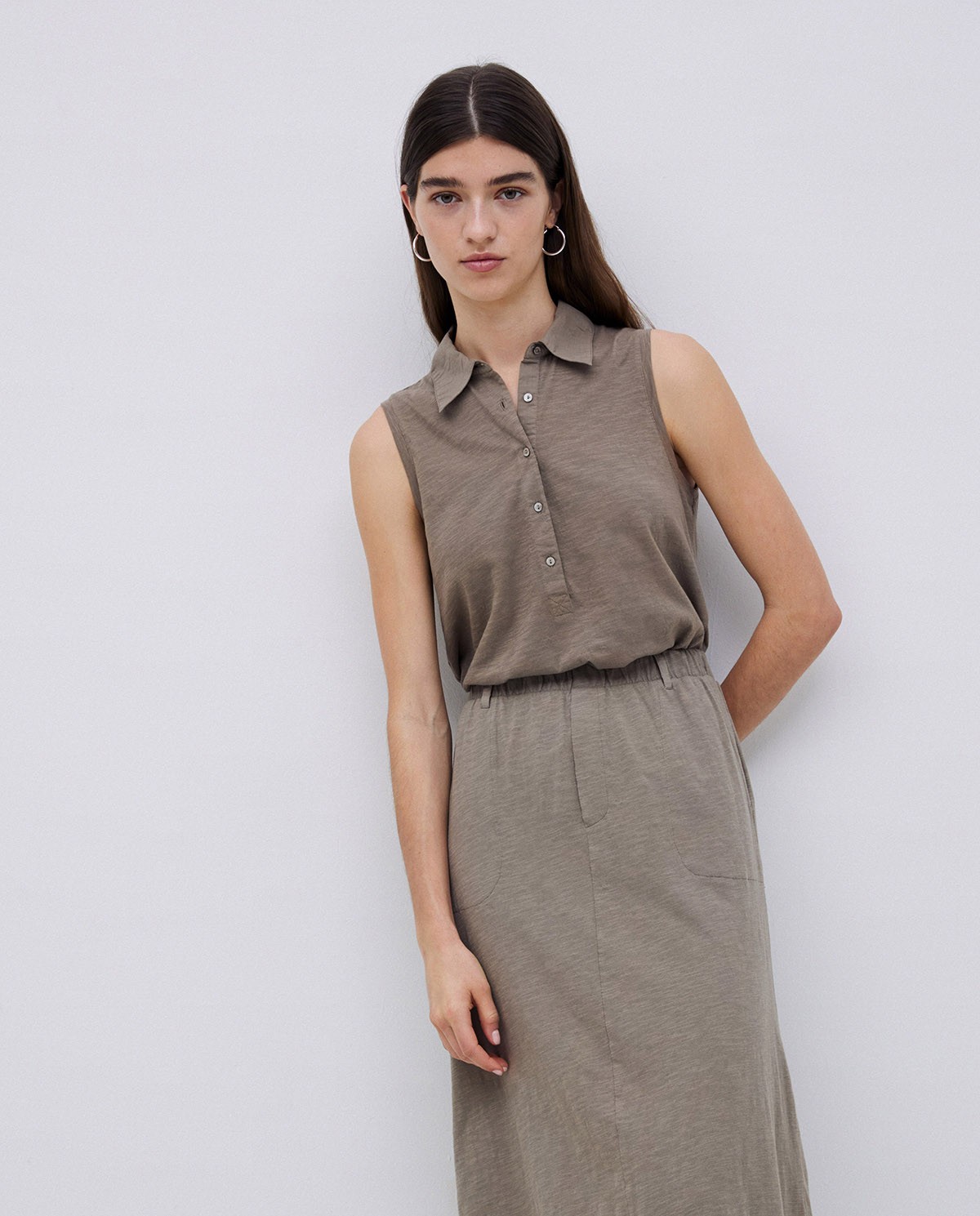 Khaki cotton slub midi skirt - Midi skirt
