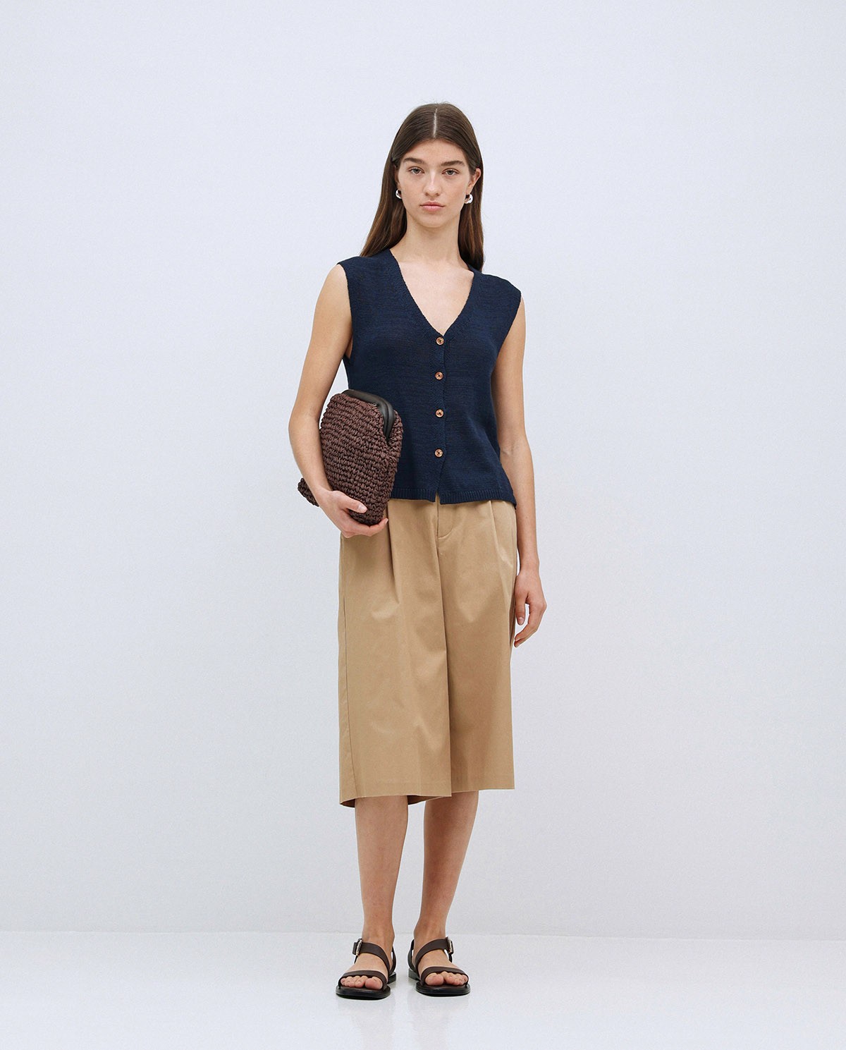 Gilet coton col en V bleu foncé 5