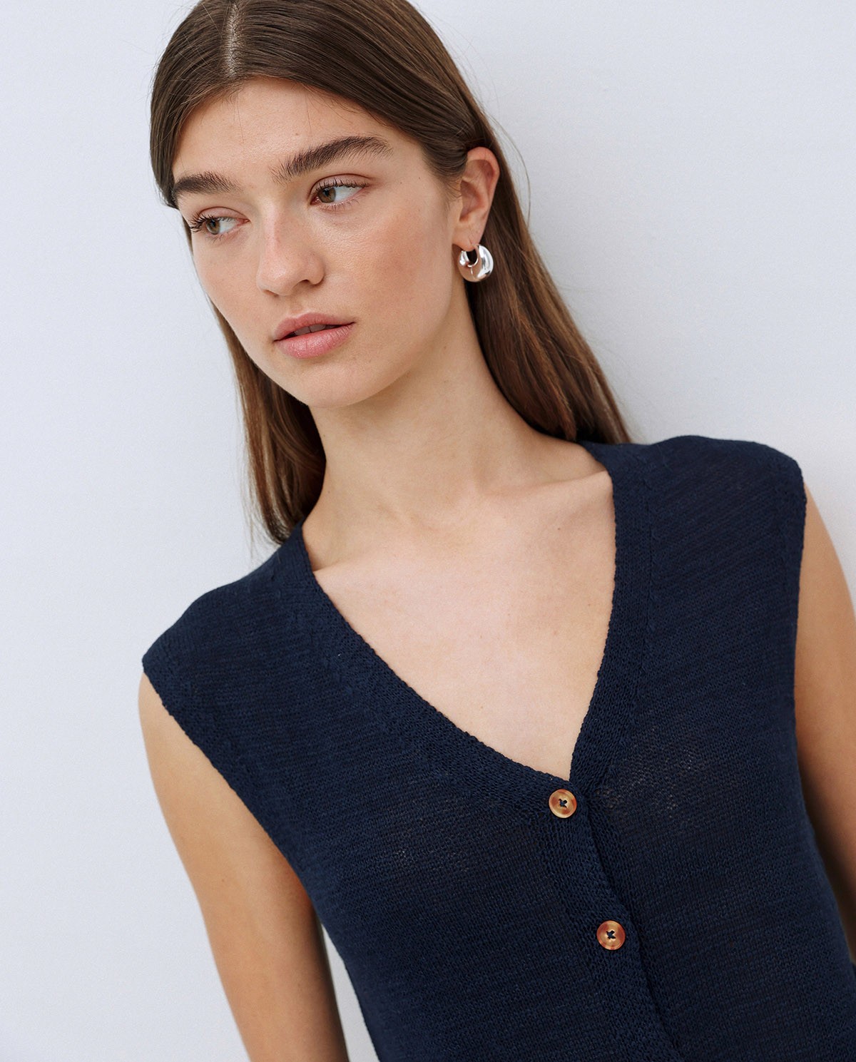Gilet coton col en V bleu foncé 1