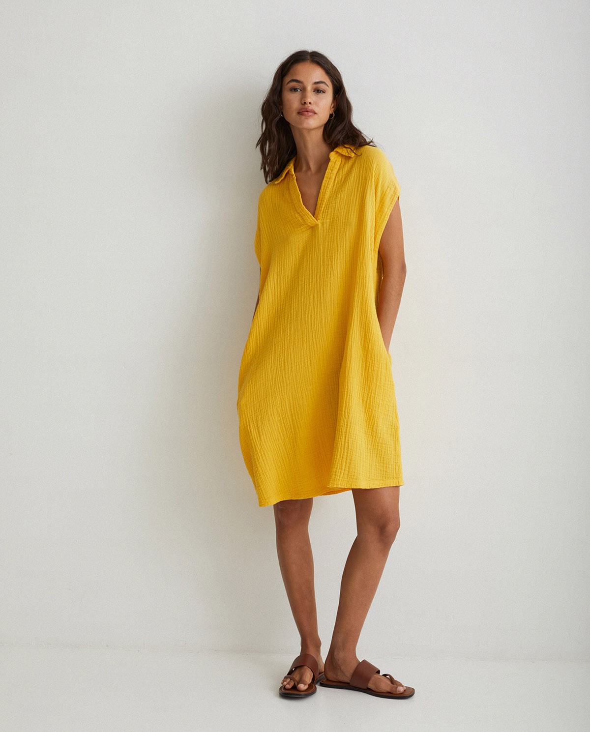Polo-neck cotton dress Yellow