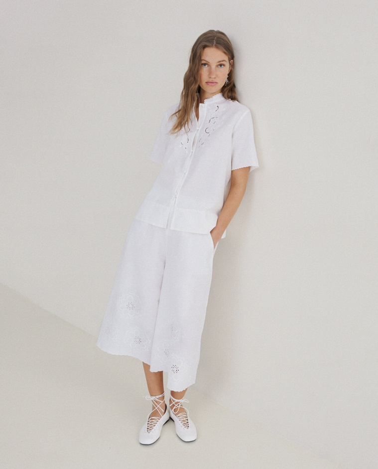 Cotton-linen skirt trousers with floral embroidery|Yerse