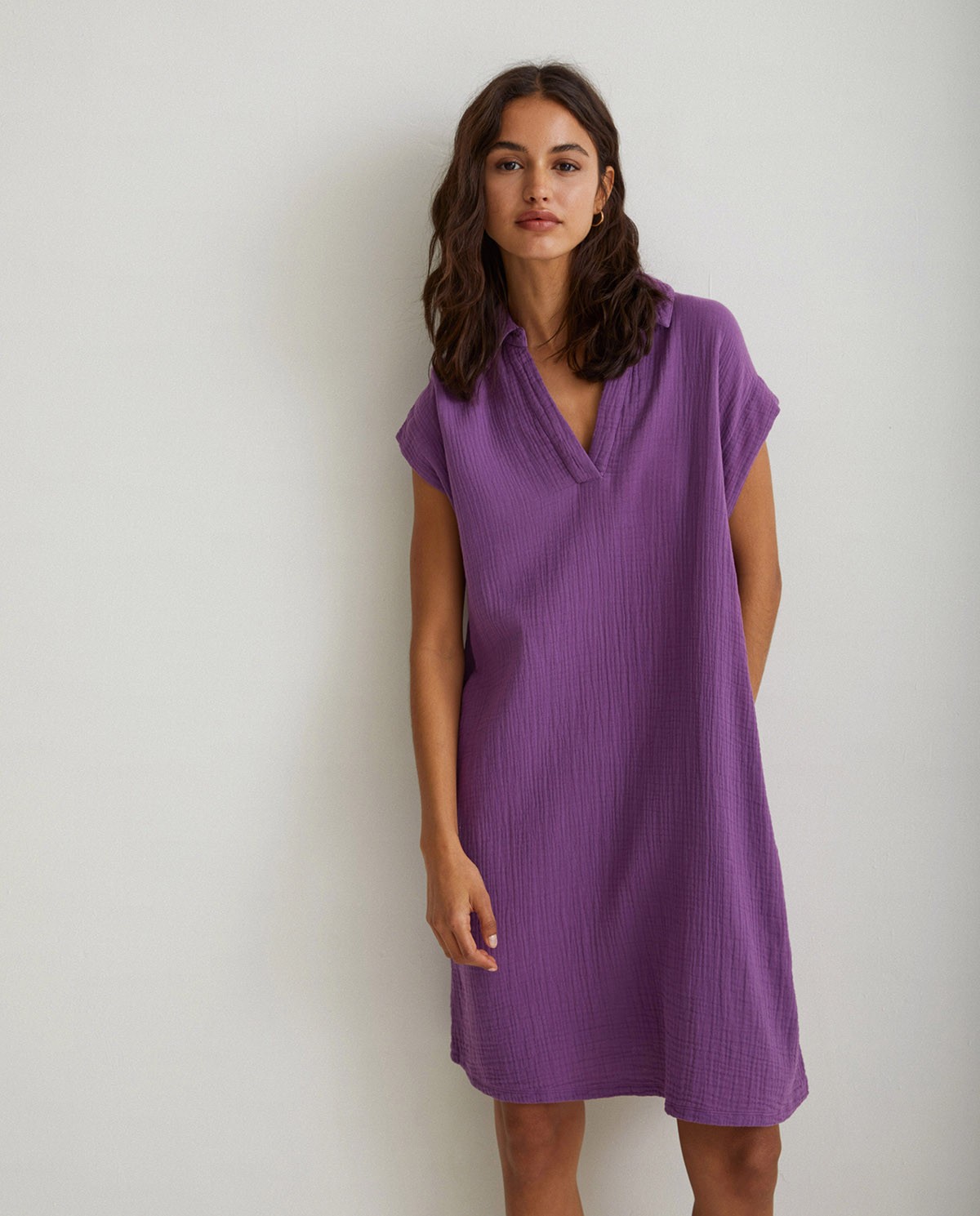 Polo-neck cotton dress Purple