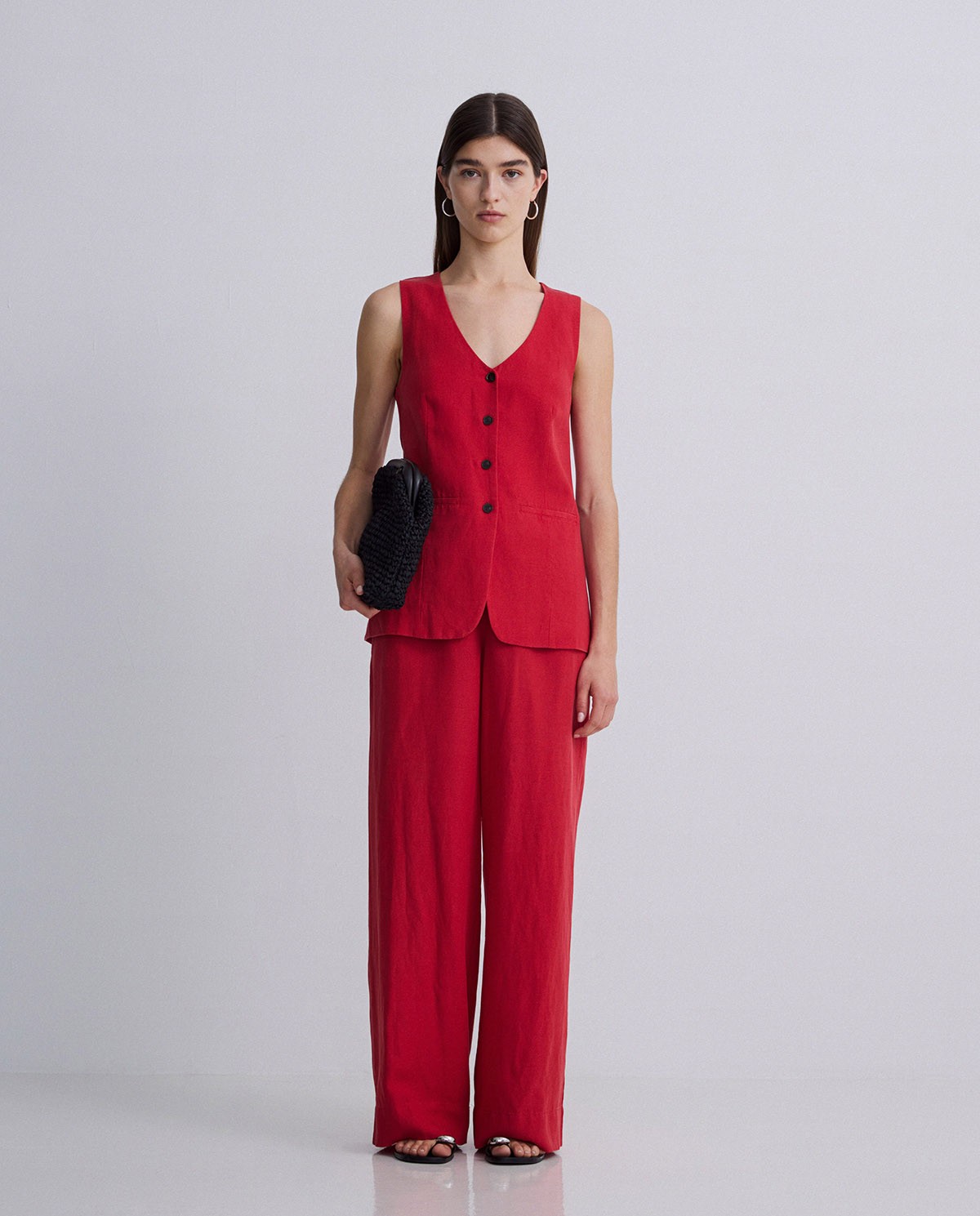 Pantalones mezcla lino wide leg rojo