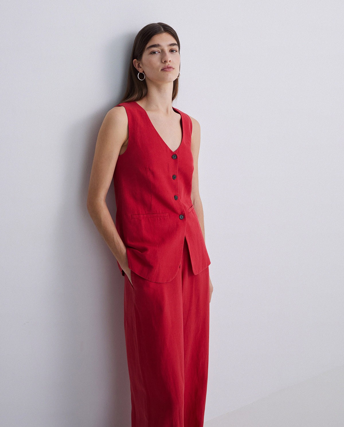Pantalones mezcla lino wide leg rojo