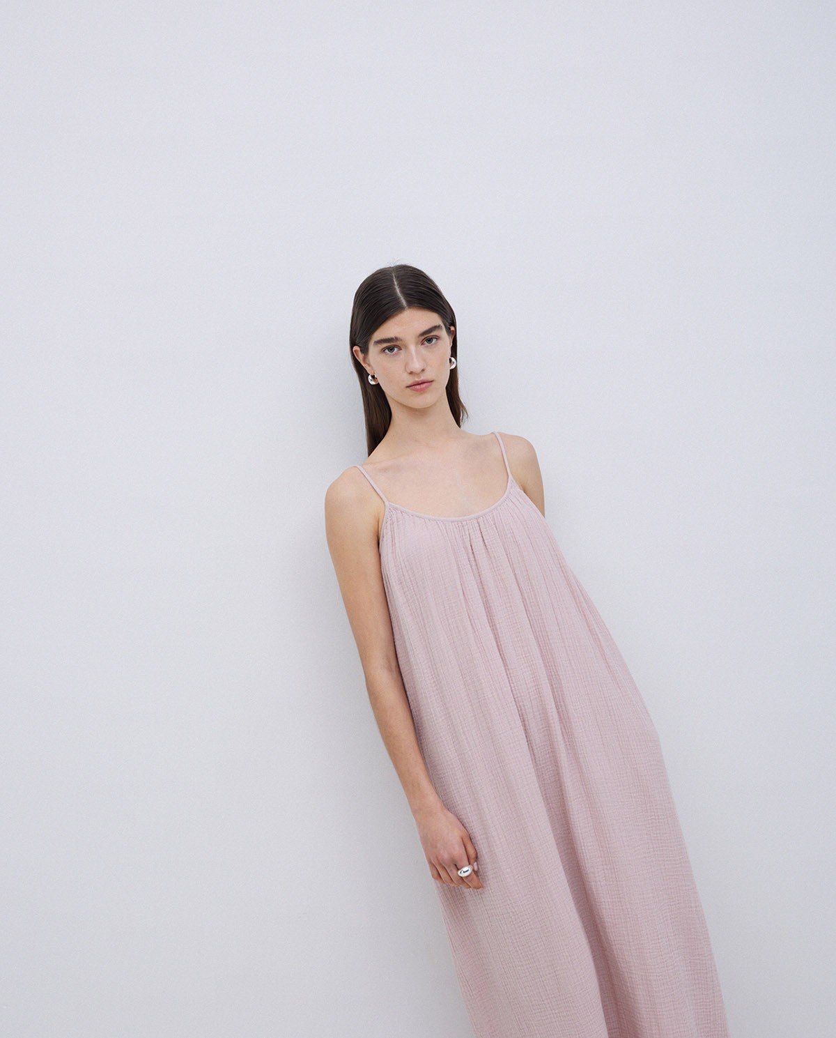 Vestido largo doble gasa rosa pálido 1