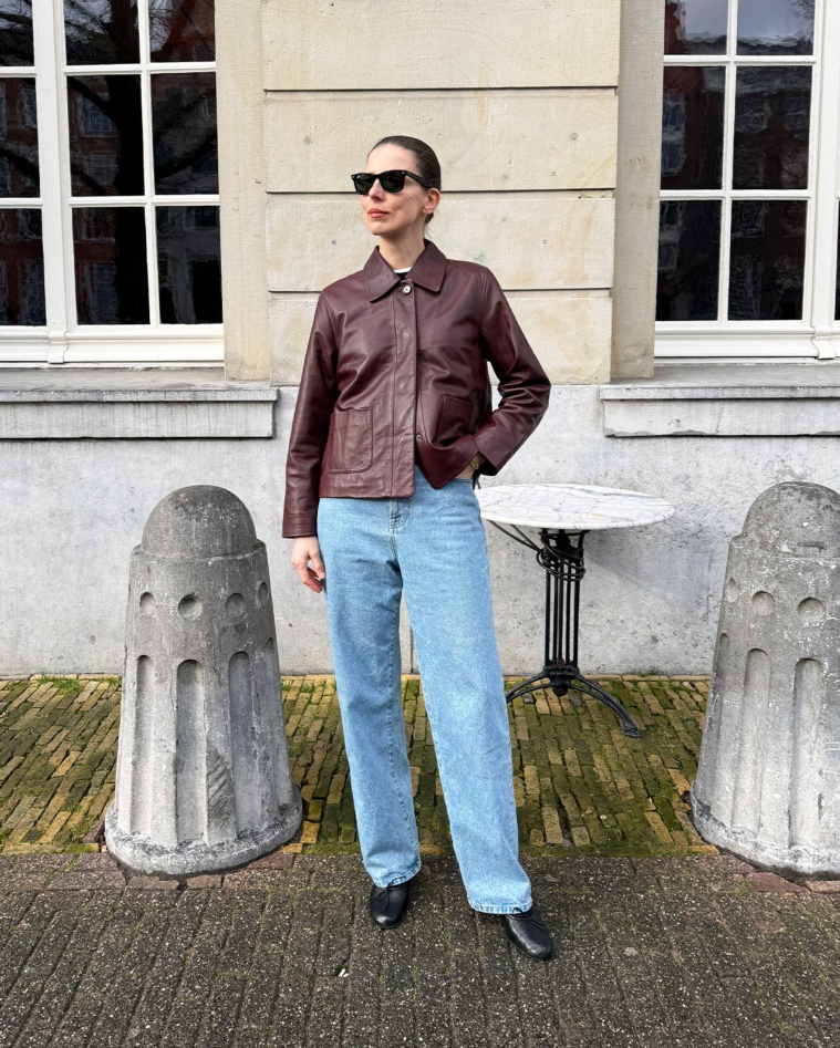 Bugundy 100% leather short jacket woman Yerse - Front view