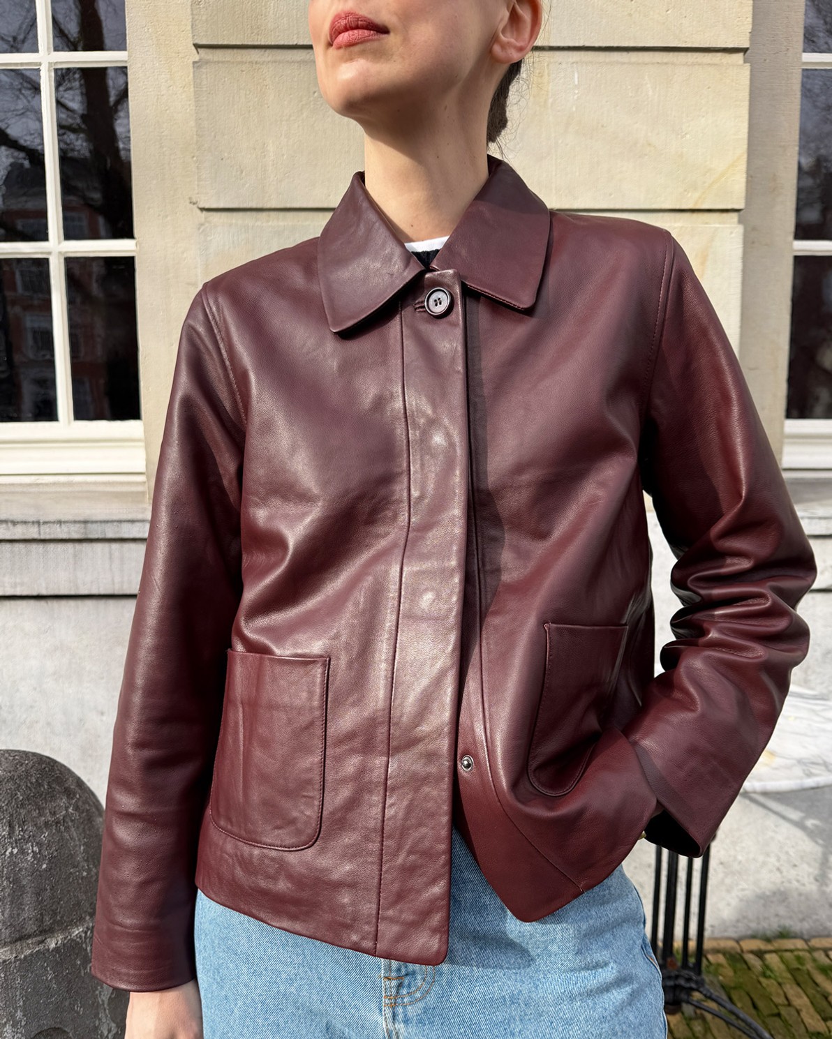 Chaqueta corta 100% piel burdeos mujer Yerse - Detalle frontal 1