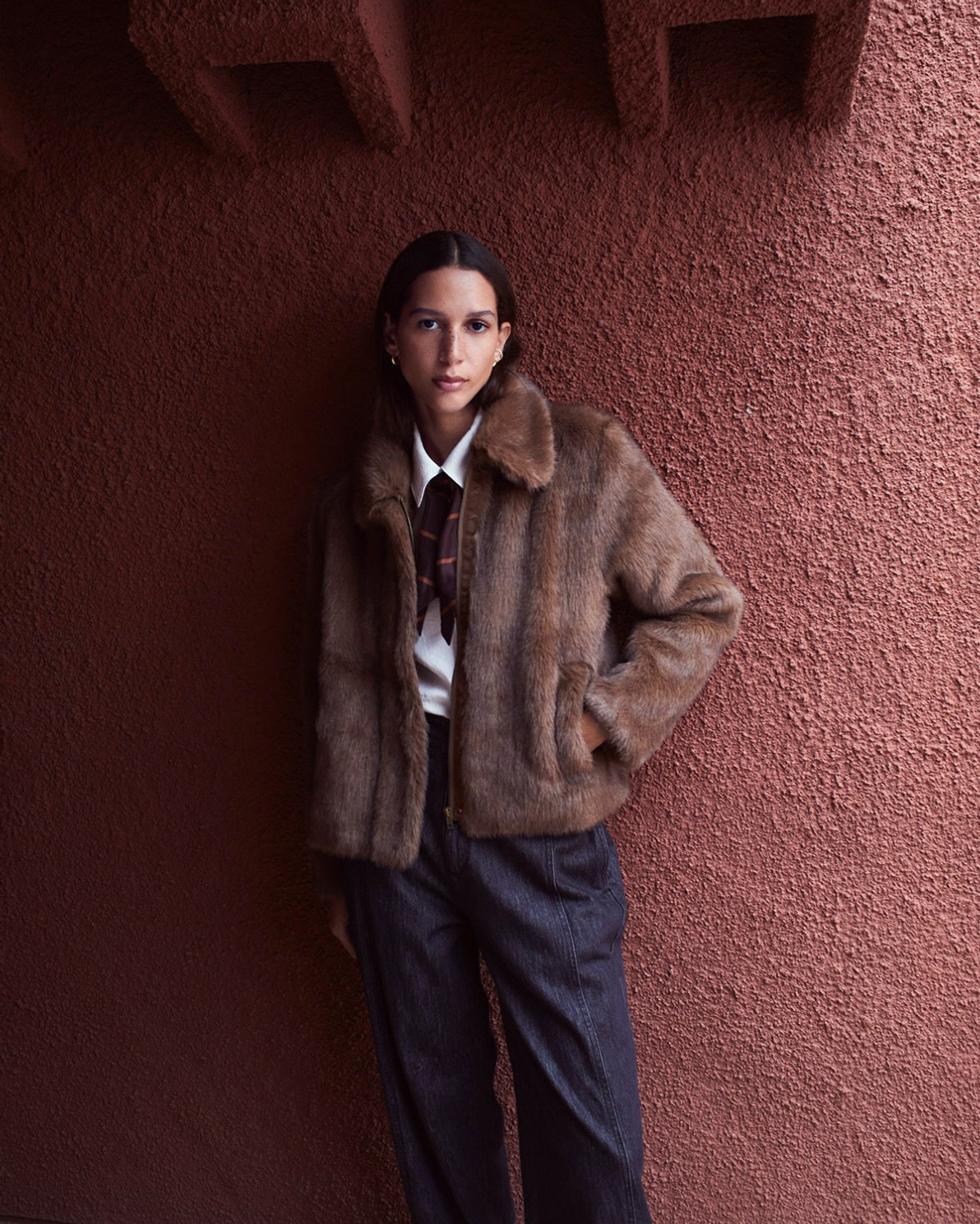 Brown faux-fur short coat woman Yerse - Front view 2