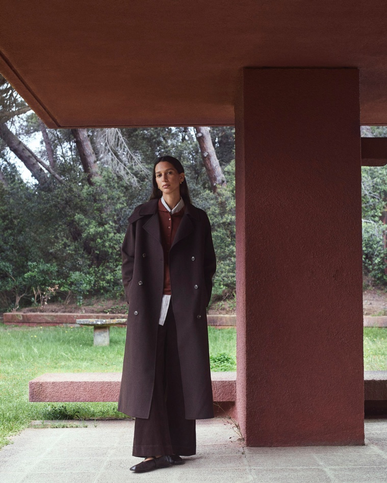 Manteau long en laine mélangée chocolat - Manteau long coupe régulière