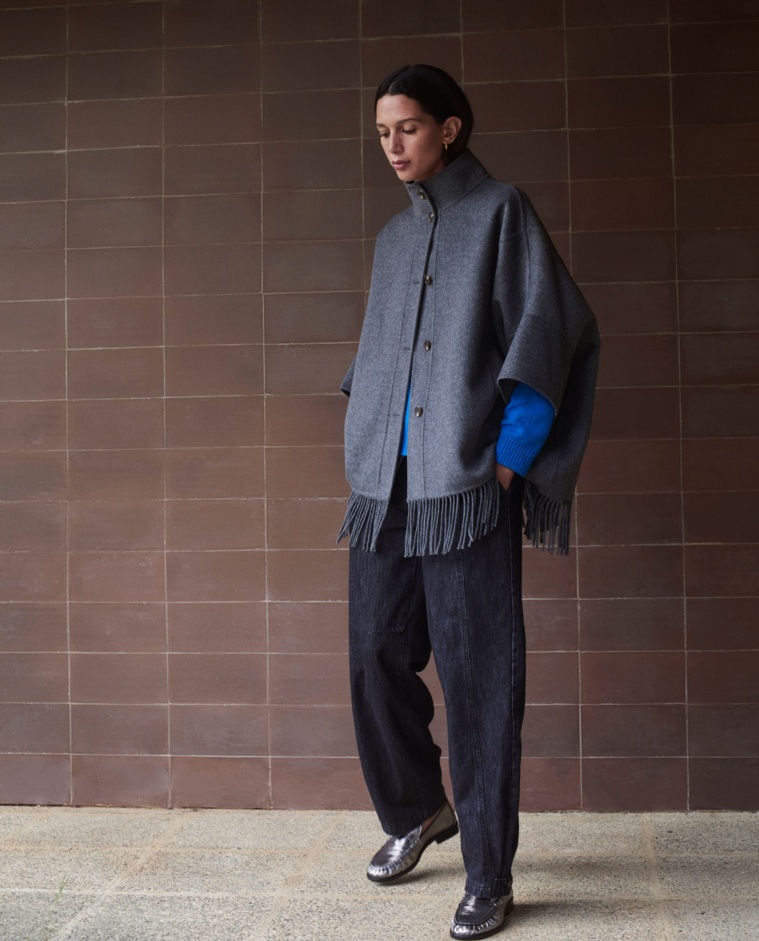 Grey fringed wool blend cape - Double-sided fabric cape