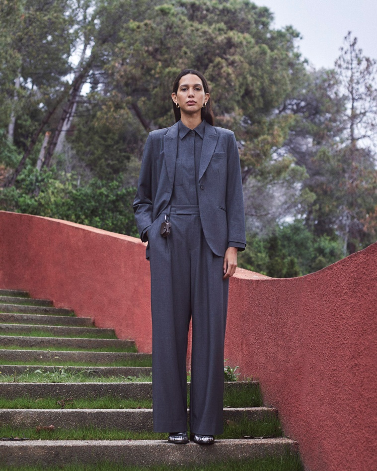 Pantalones traje wide leg pinzas gris - Pantalones wide leg
