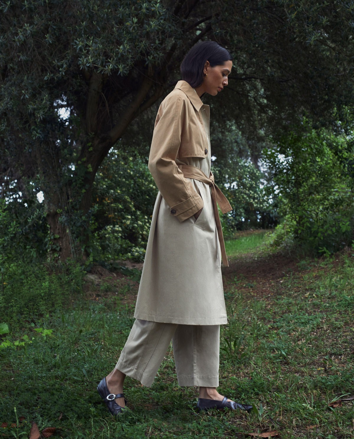 Beige cotton long raincoat woman Yerse - Front view 4