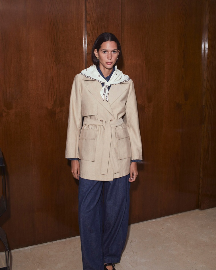 Trench corto cinturón beige- Trench mezcla de tencel