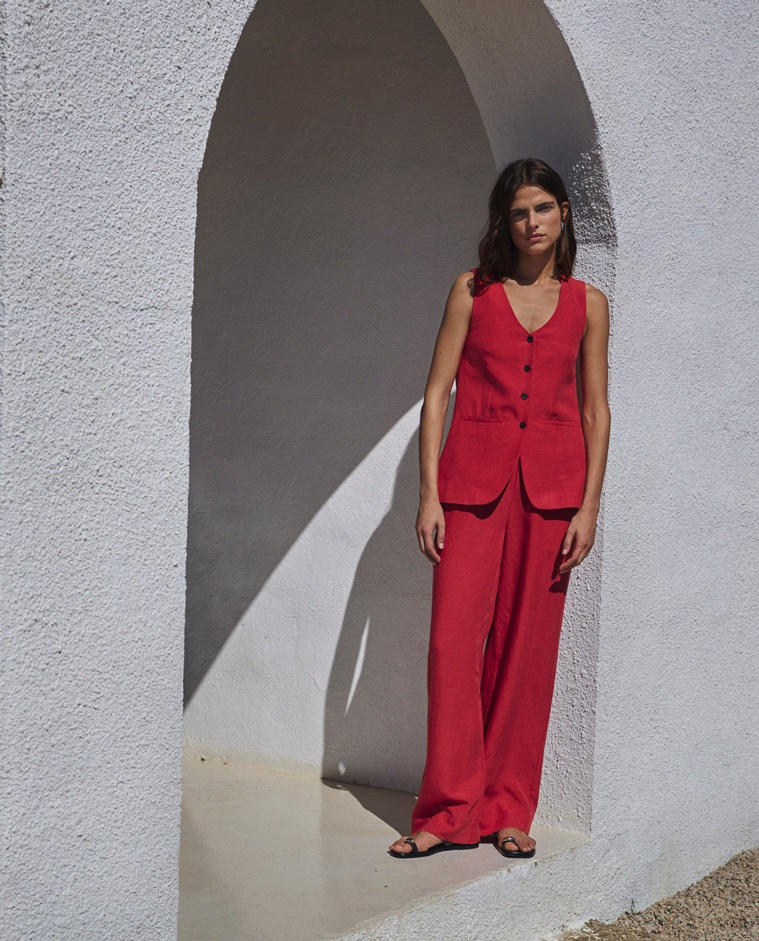 Chaleco largo tencel y lino rojo
