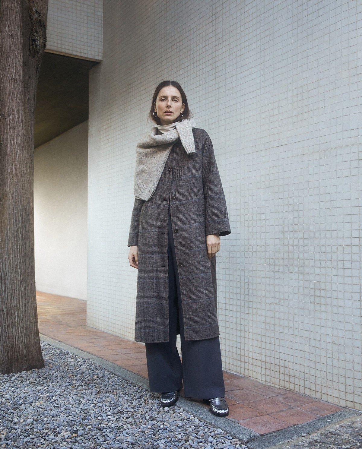 Handmade checked wool-blend long coat brown woman Yerse - Front view 3