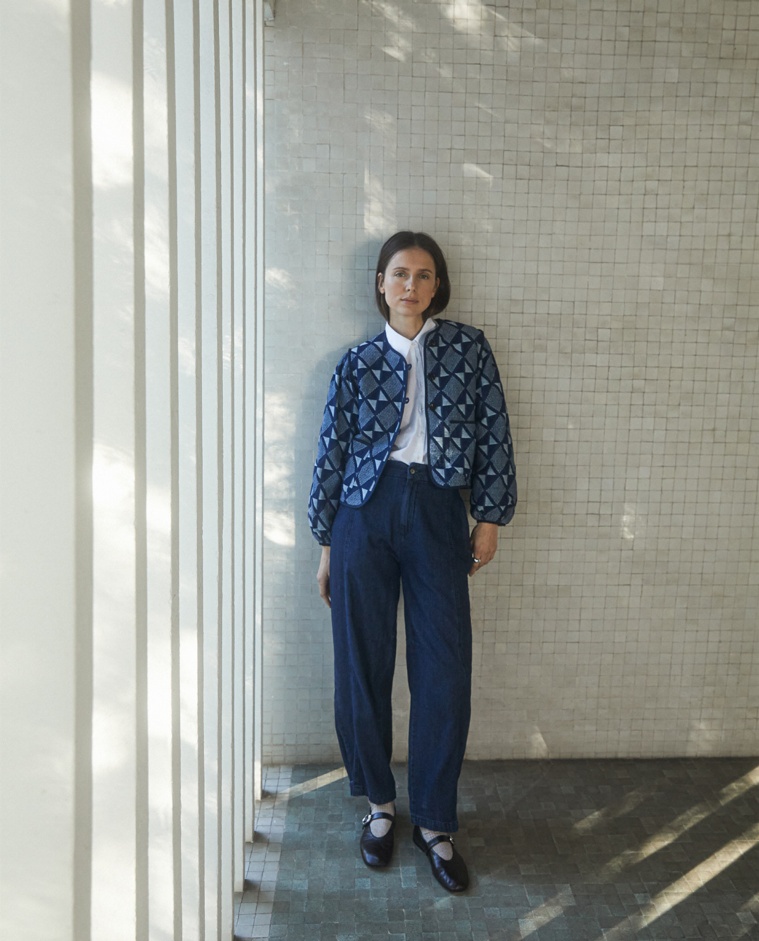 Indigo Blue Jacquard Cotton Short Jacket - Cotton and Viscose Blend Jacket