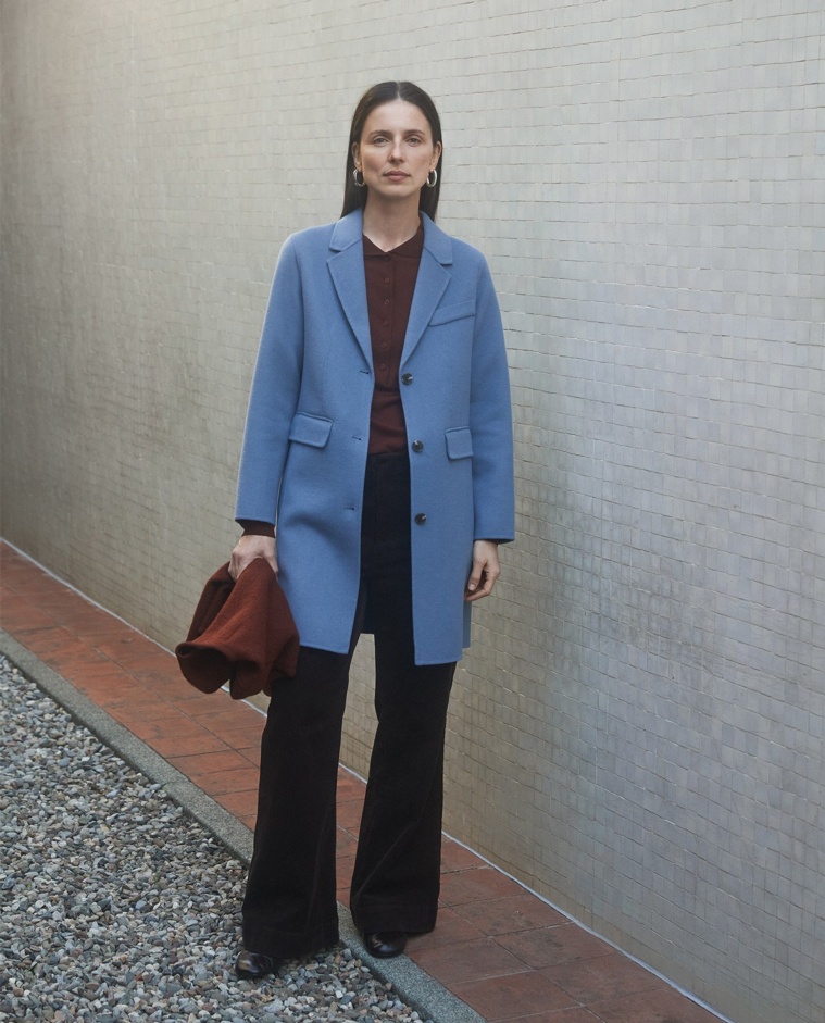 Abrigo midi handmade mezcla lana azul mujer Yerse - Detalle frontal