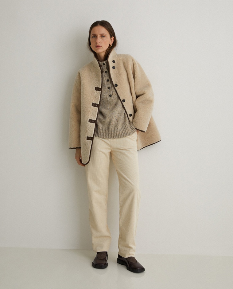 Ecru cotton corduroy regular-fit trousers woman Yerse - Front view