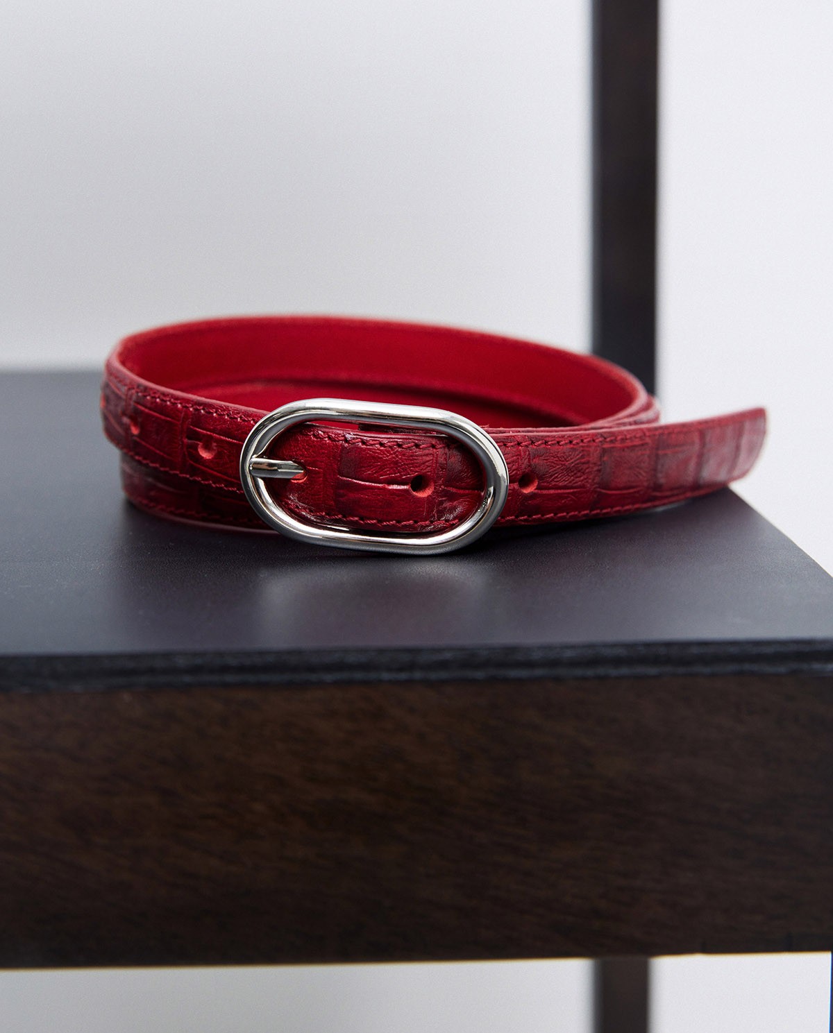 Red crocodile skin-effect belt