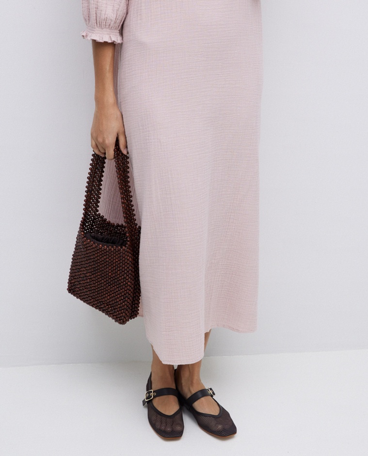 Chocolate wood beaded bag - Bag made of wood and cotton