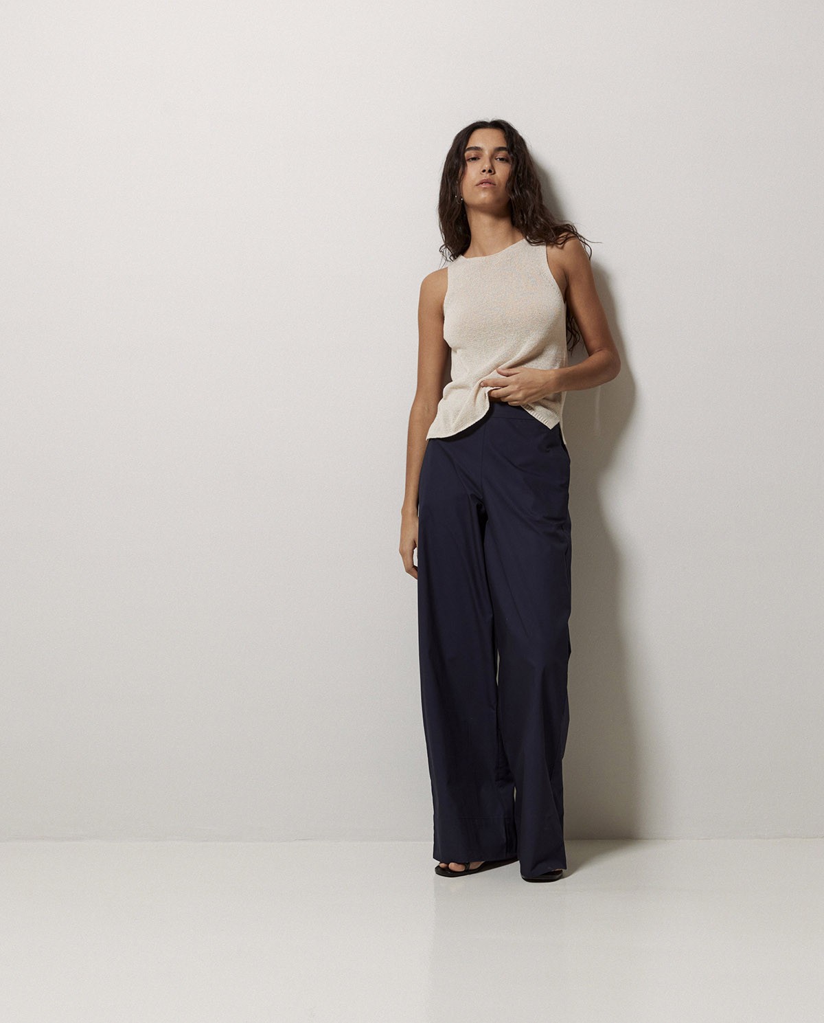 Pantalon en popeline wide leg bleu foncé 3