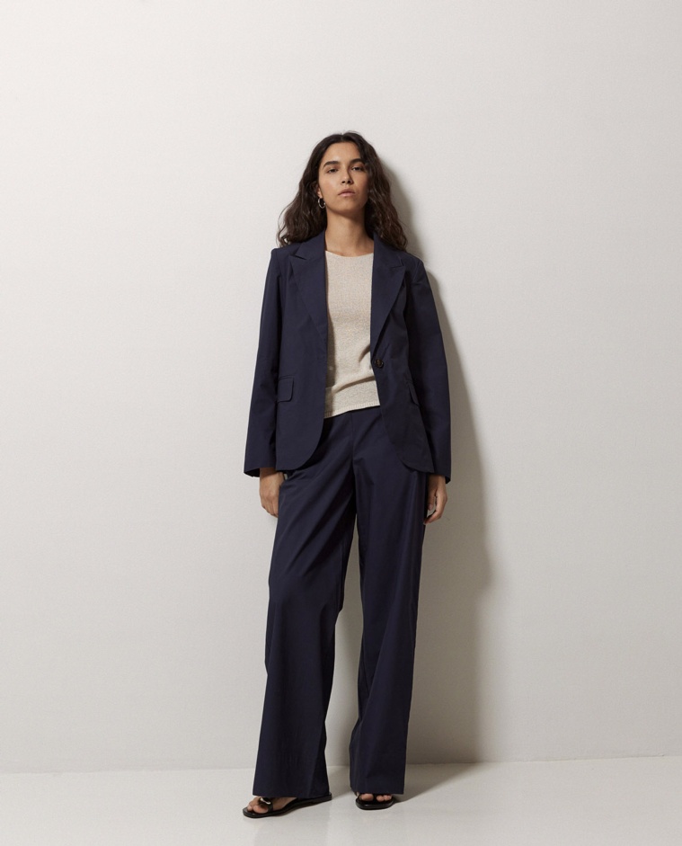 Pantalon en popeline wide leg bleu foncé