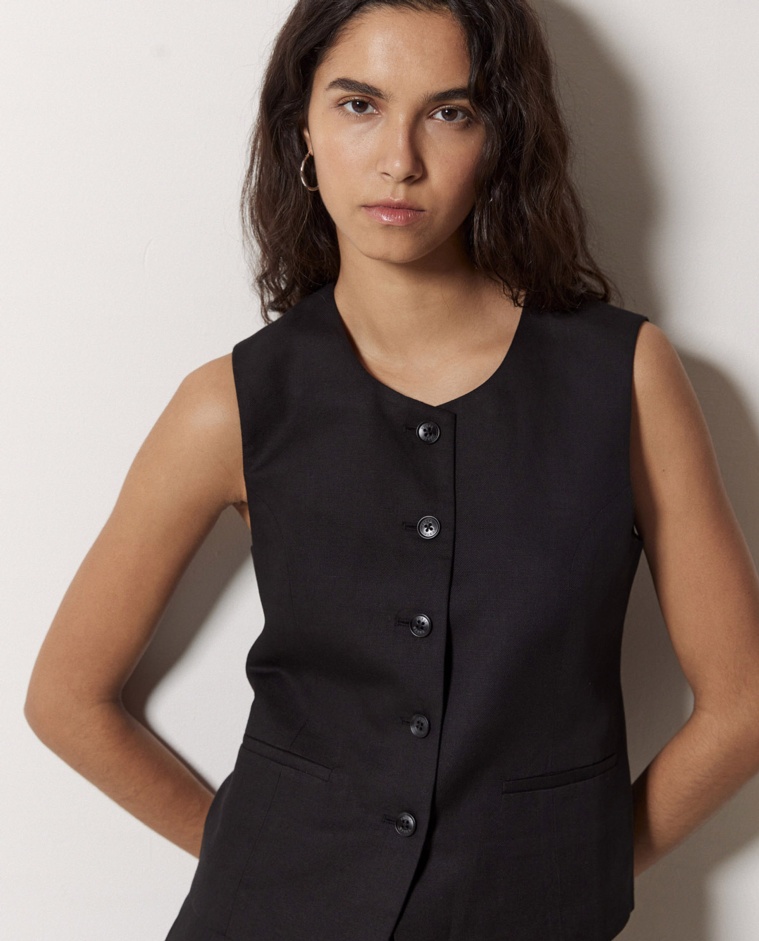 Black linen-blend vest