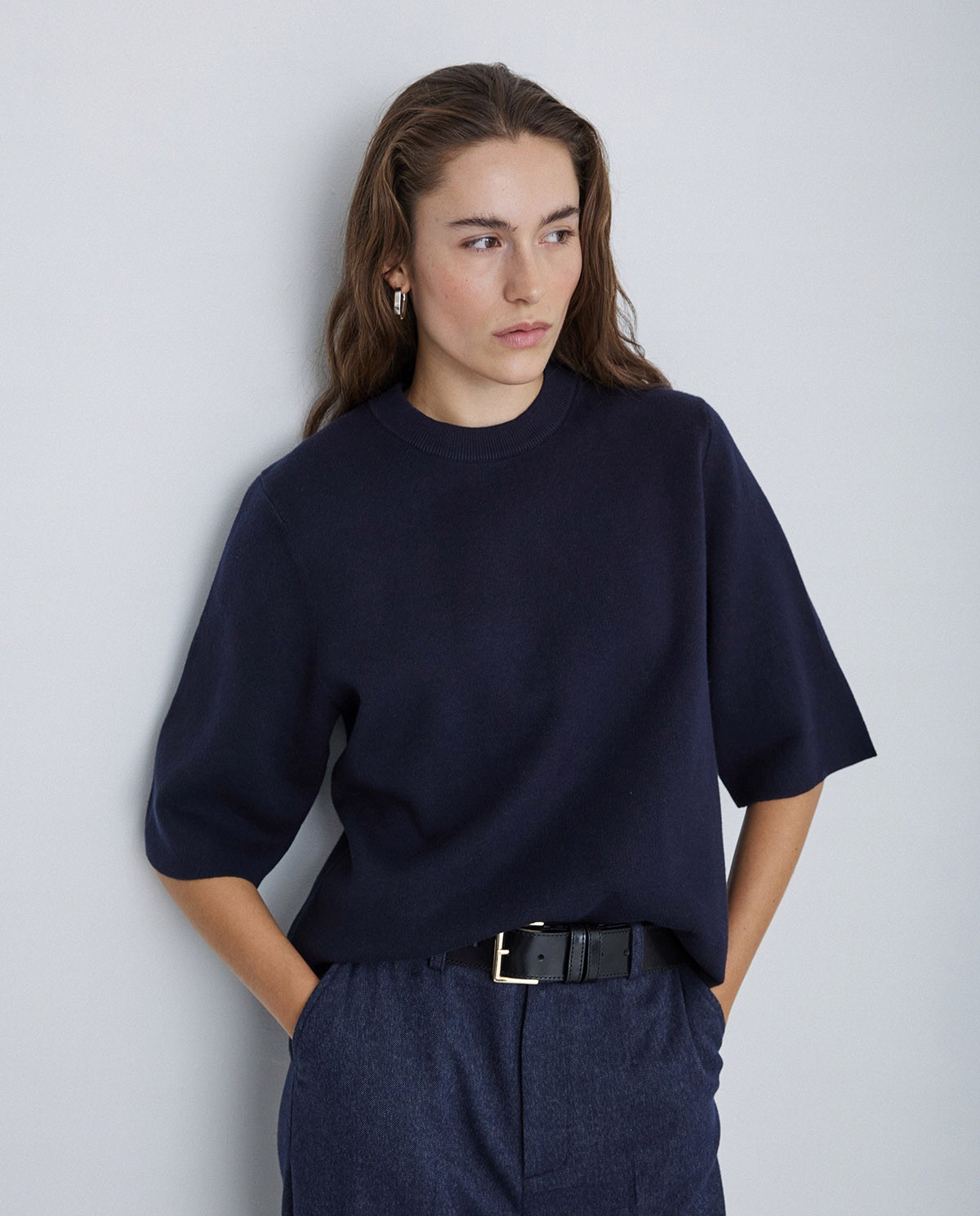 Jersey con cashmere manga 3/4 azul marino
