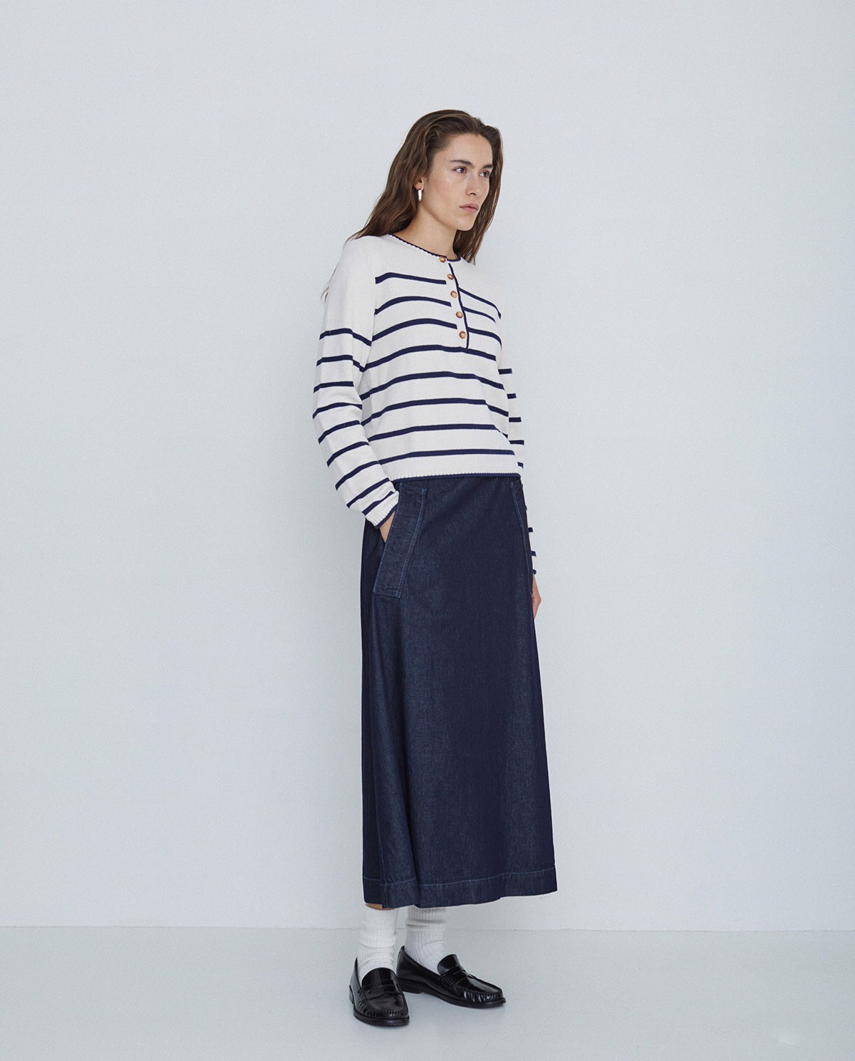 Long 100% cotton skirt dark blue 1