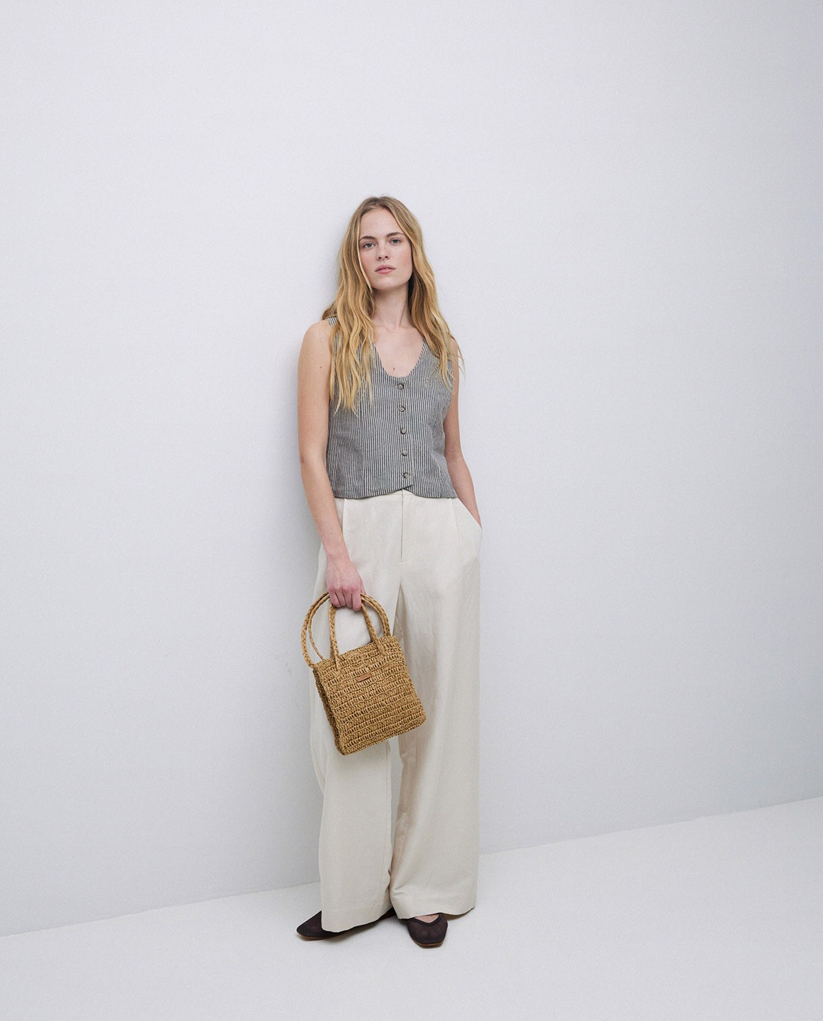Gilet à rayures en mélange de lin grisâtre 5