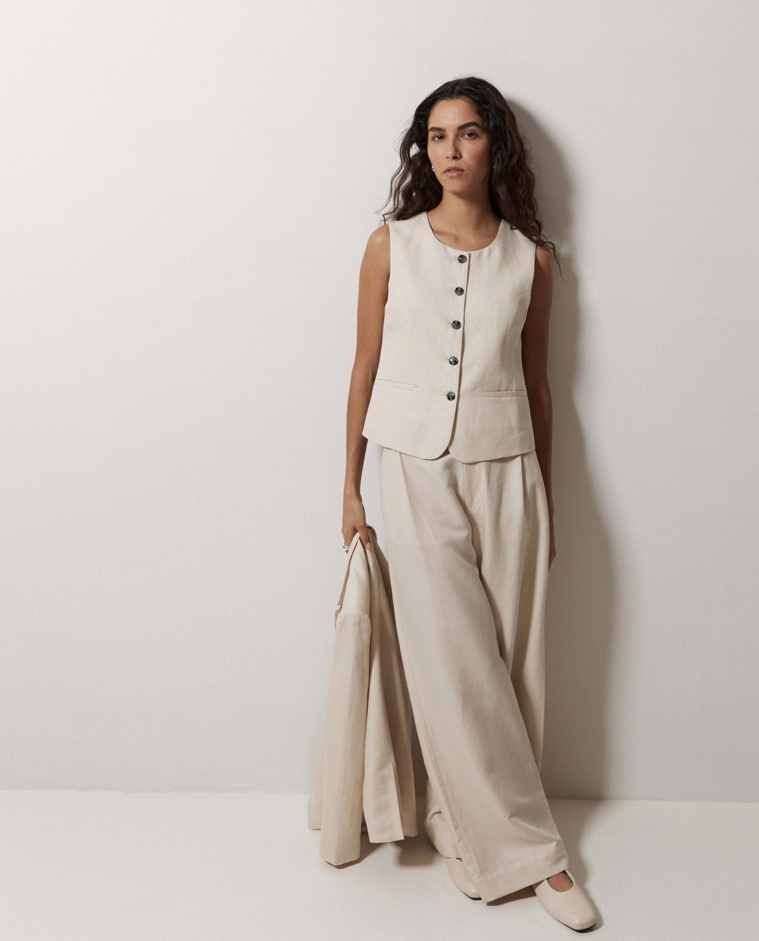 Pantalones wide leg pinzas crudo