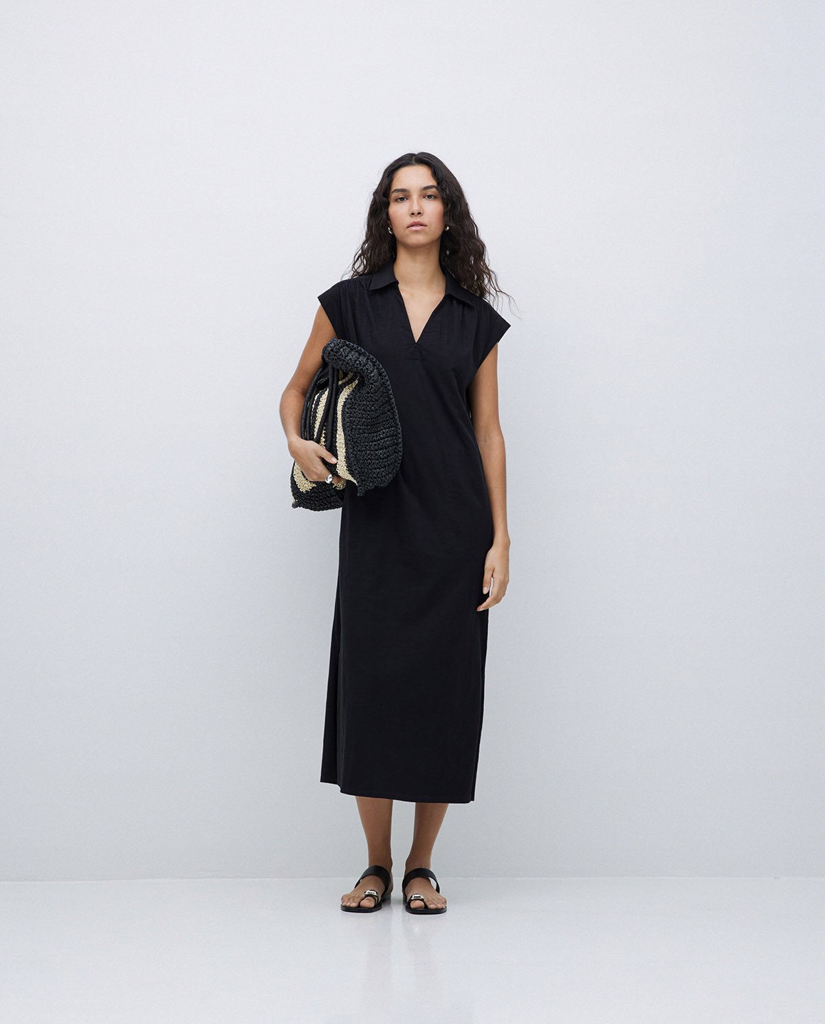 Vestido camisero flamé de algodón negro 8