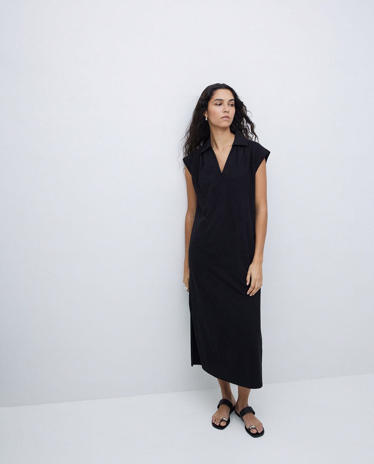 Vestido camisero flamé de algodón negro 4