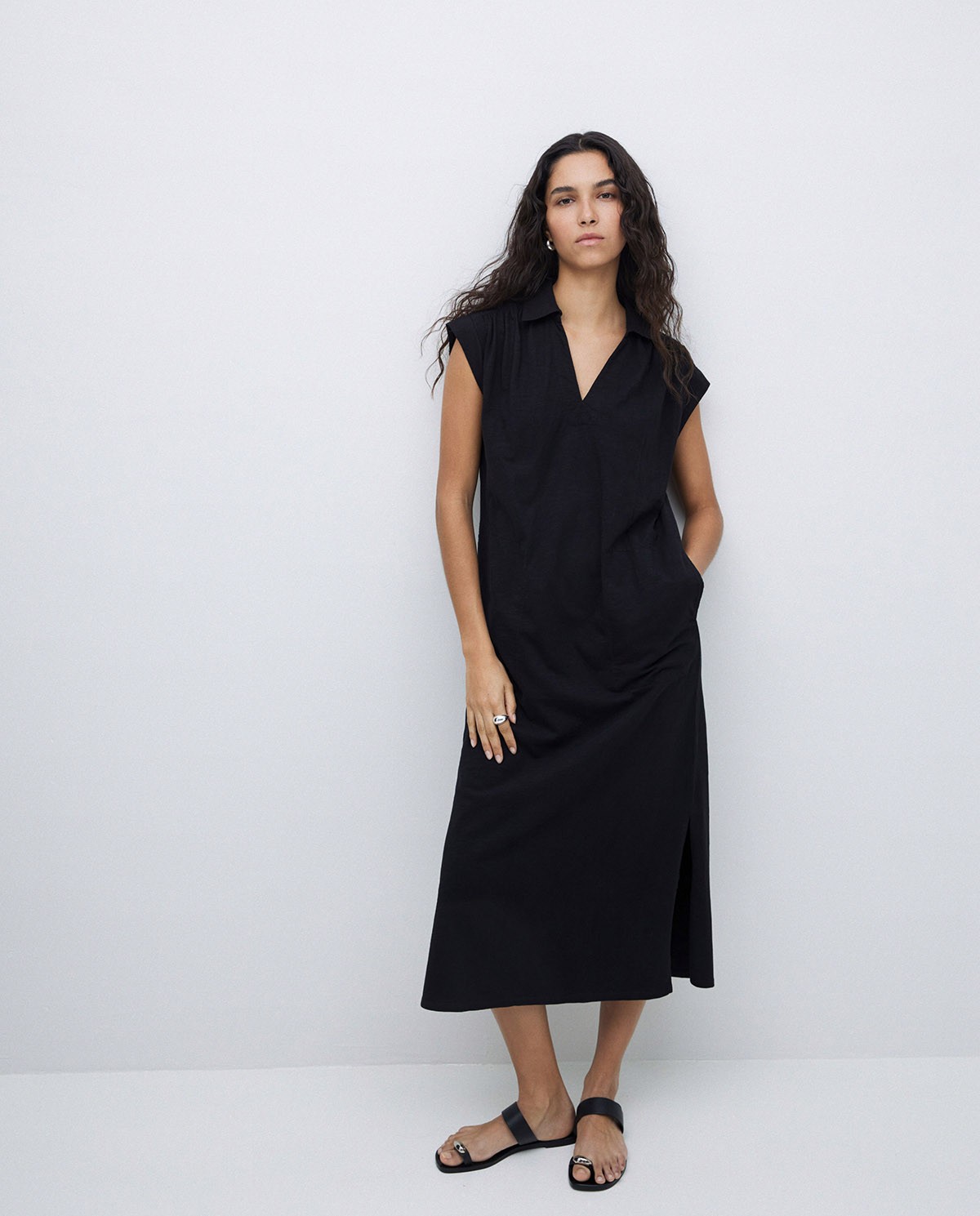Vestido camisero flamé de algodón negro 2