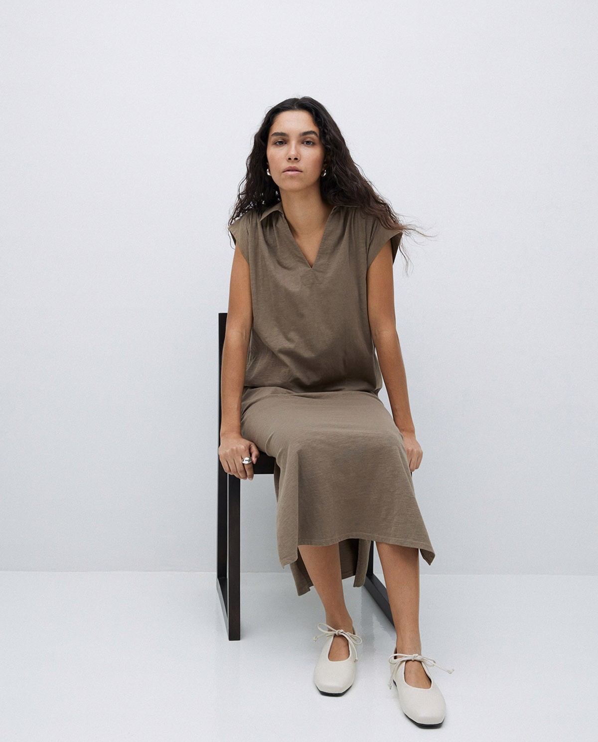 Robe chemise en coton flammé kaki