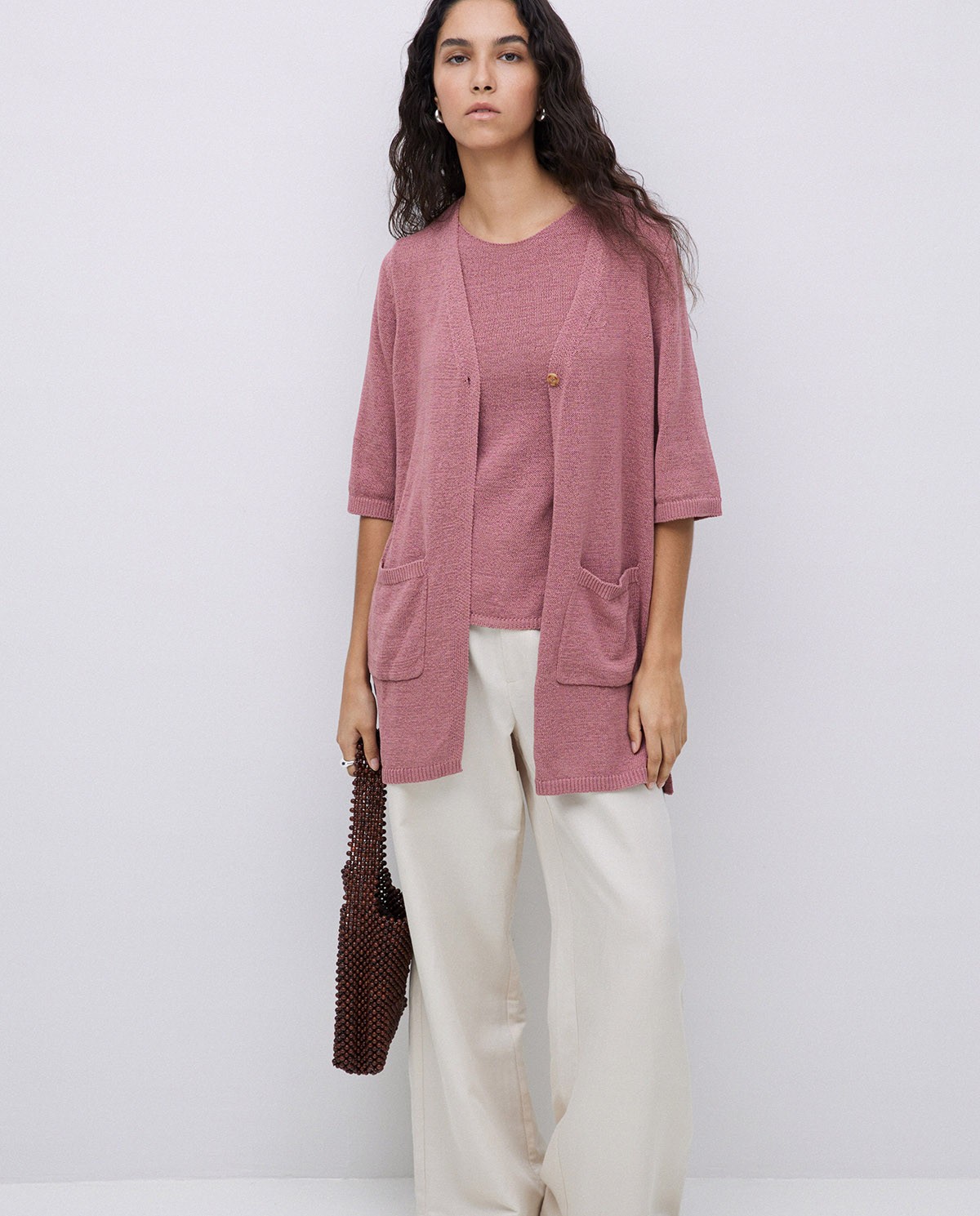 Cardigan long maille rose antique 5