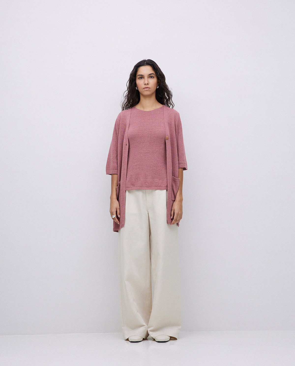Cardigan long maille rose antique 2