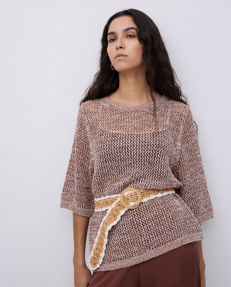 Beige raffia belt with macramé details