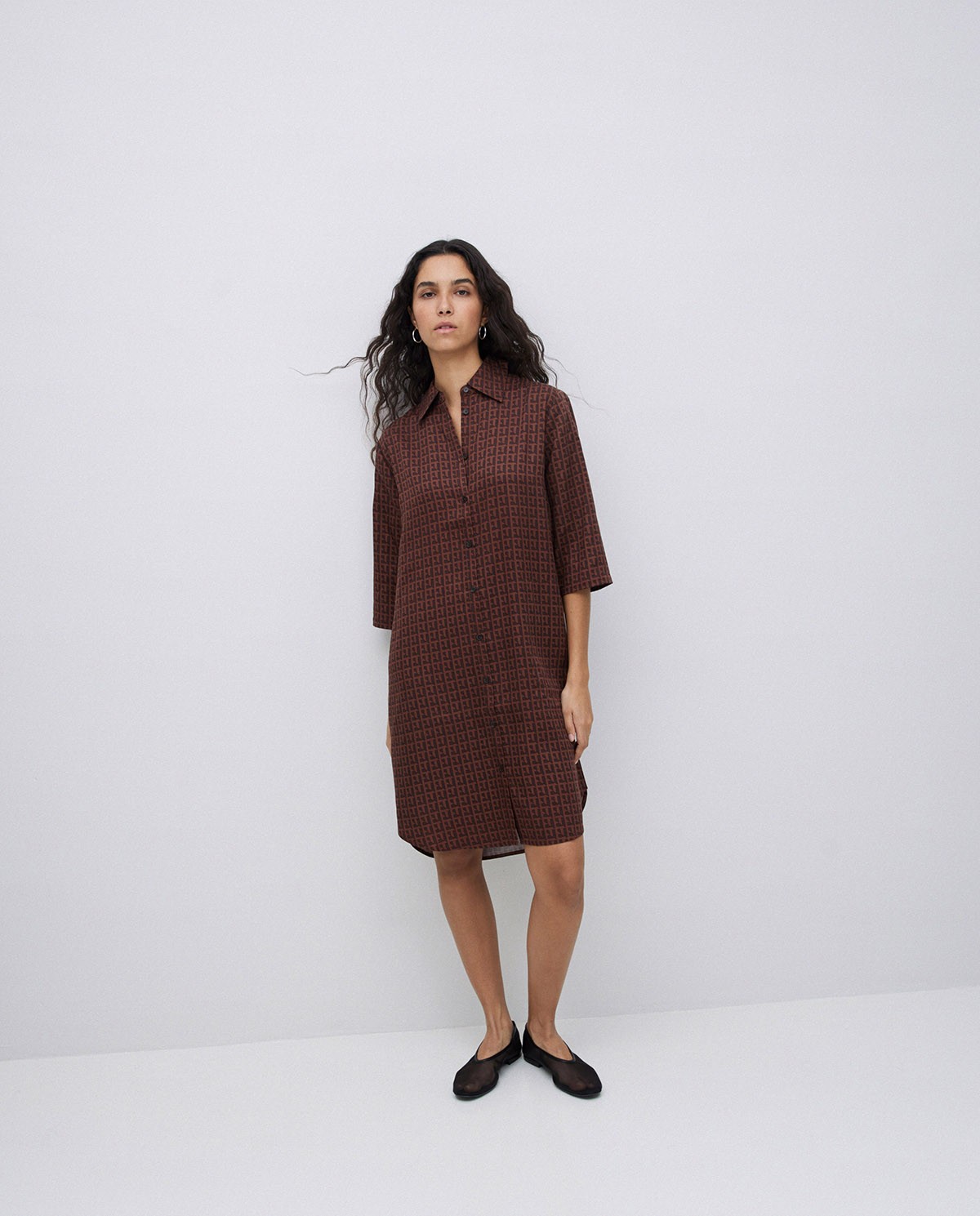 Vestido tencel cuello camisero chocolate
