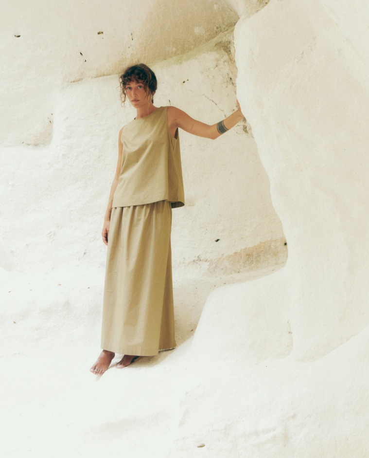 Falda popelín algodón beige mujer Yerse - Detalle frontal