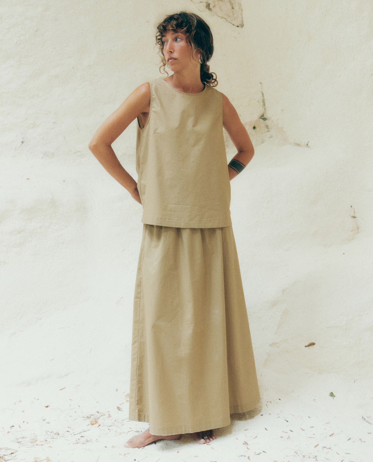 Beige 100% cotton poplin top woman Yerse - Front view