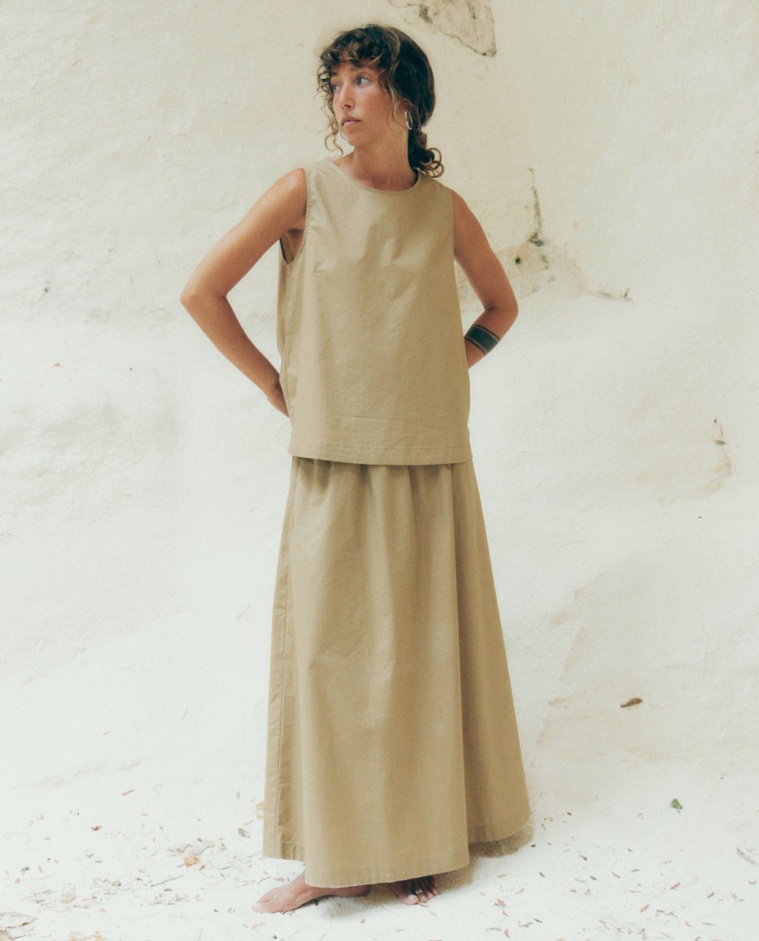 Beige 100% cotton poplin top woman Yerse - Front view