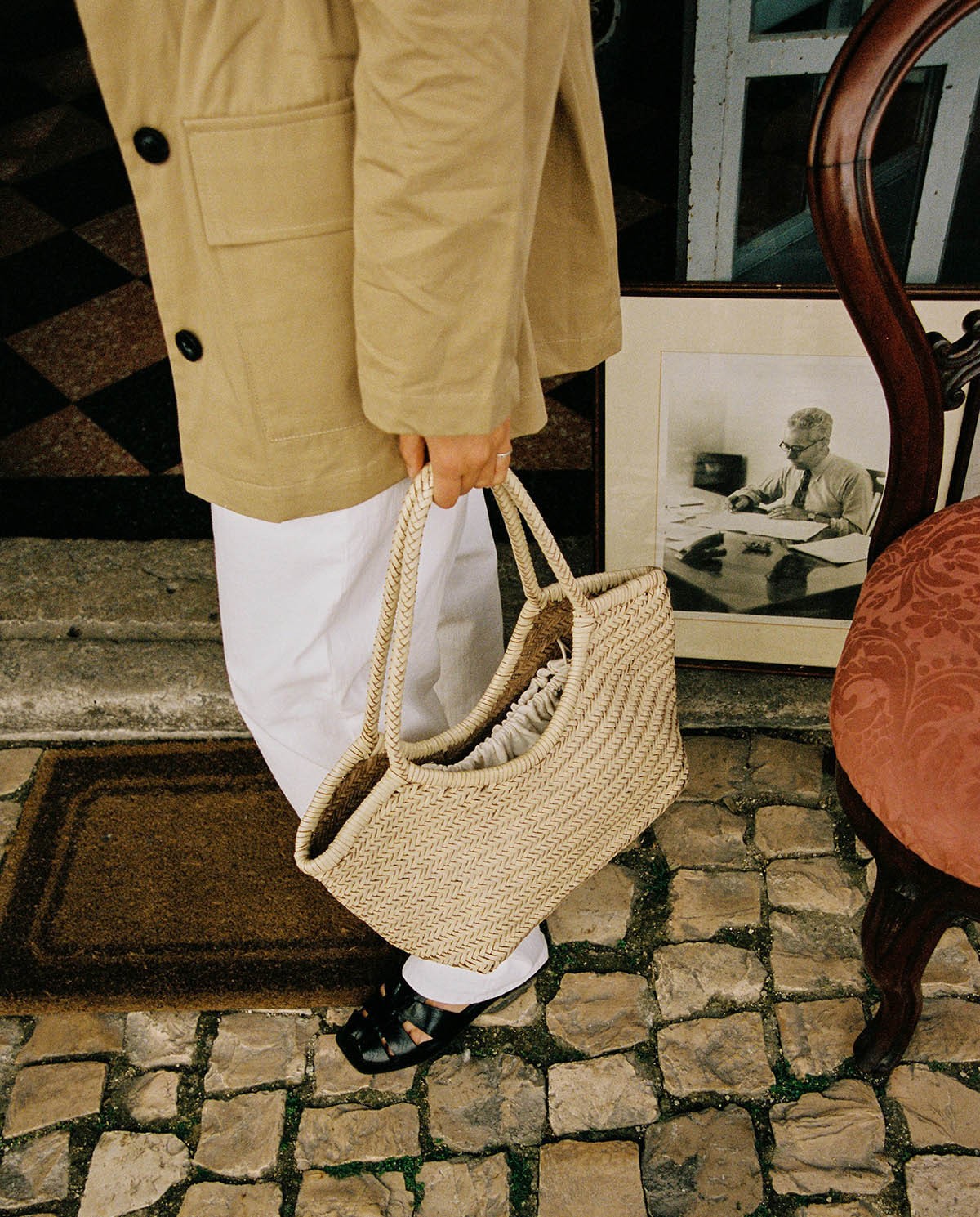 Panier en cuir tressé avec pochette intérieure en coton| Yerse 1